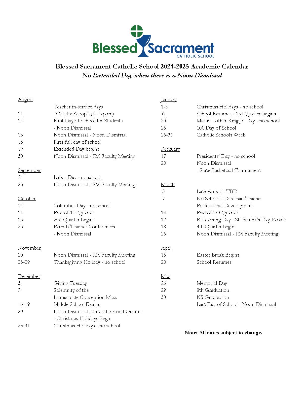 Academic Calendar Blessed Sacrament Catholic School